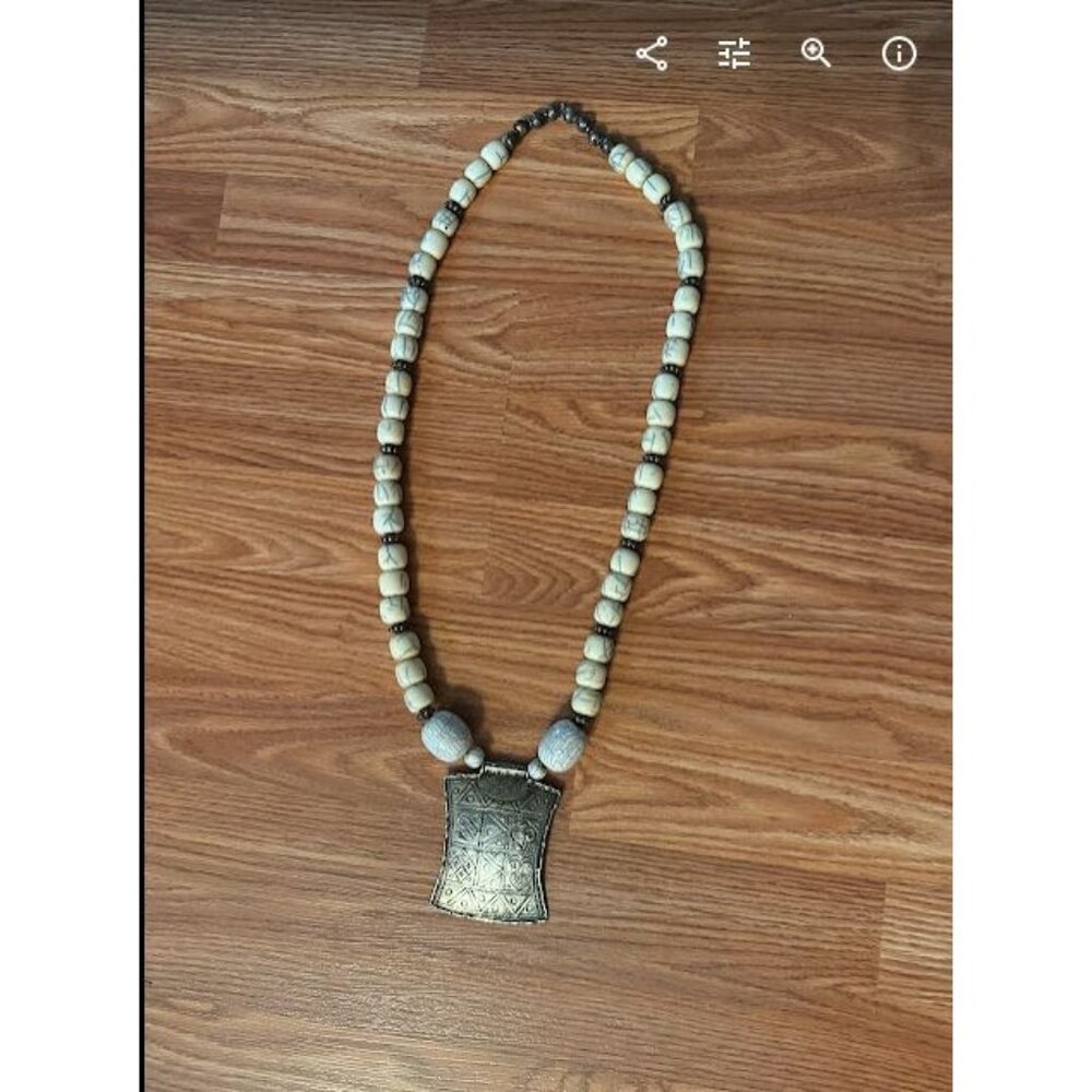Vintage Tribal-Inspired Beaded Necklace With Intricate Silver Pendant & White Be